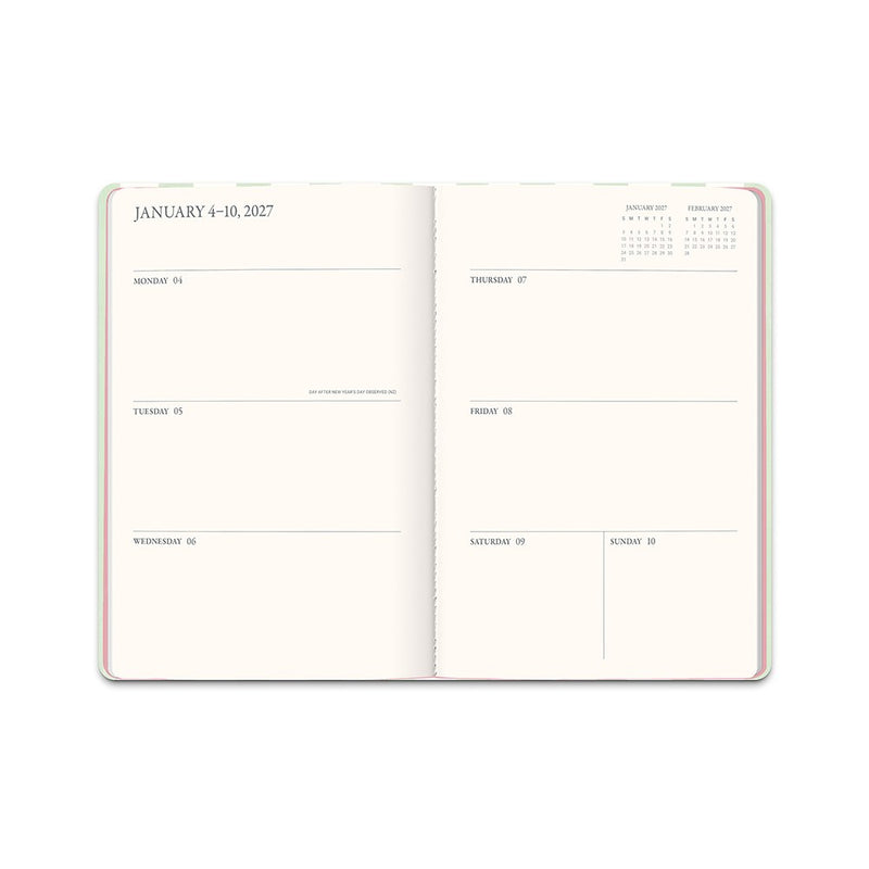 Orange Circle 2027 Casebound Diary 143 x 205mm Month To View Cabana Stripes shown at a three quarter angle, the Cabana Stripes design, a crisp vertical stripe in soft coastal tones, highlighting the cover finish and binding edge.