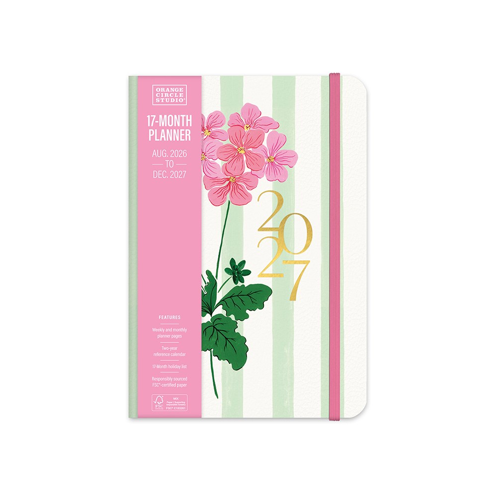 Orange Circle 2027 Casebound Diary 143 x 205mm Month To View Cabana Stripes shown in its retail packaging, front of pack with the year and format printed on the label.
