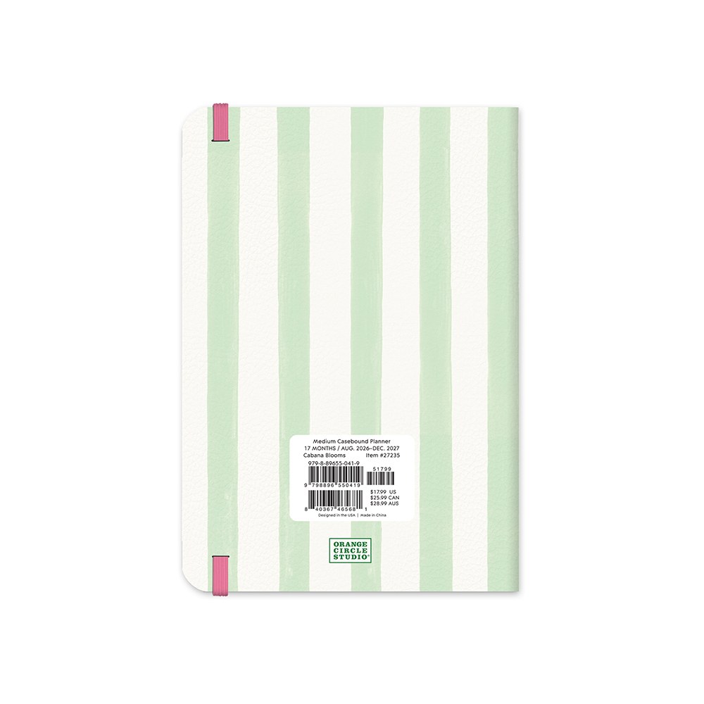 Orange Circle 2027 Casebound Diary 143 x 205mm Month To View Cabana Stripes retail packaging shown from the back, with the barcode panel and product details visible.
