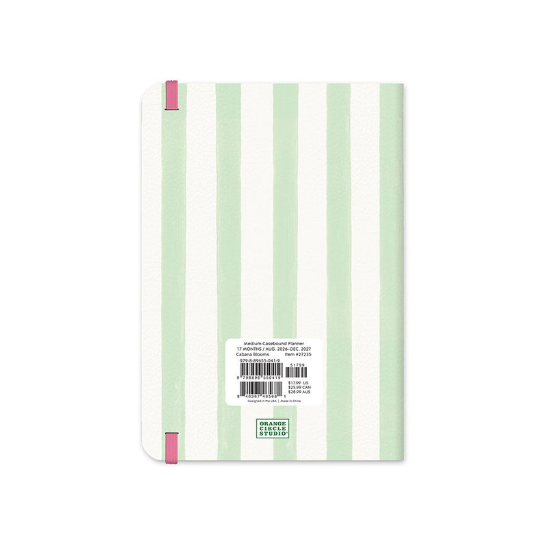 Orange Circle 2027 Casebound Diary 143 x 205mm Month To View Cabana Stripes retail packaging shown from the back, with the barcode panel and product details visible.