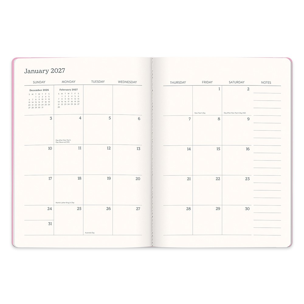 Orange Circle 2027 Casey Diary 178 x 240mm Week To View Cabana Stripes opened to show the printed week to view interior pages and the dated planning grid.