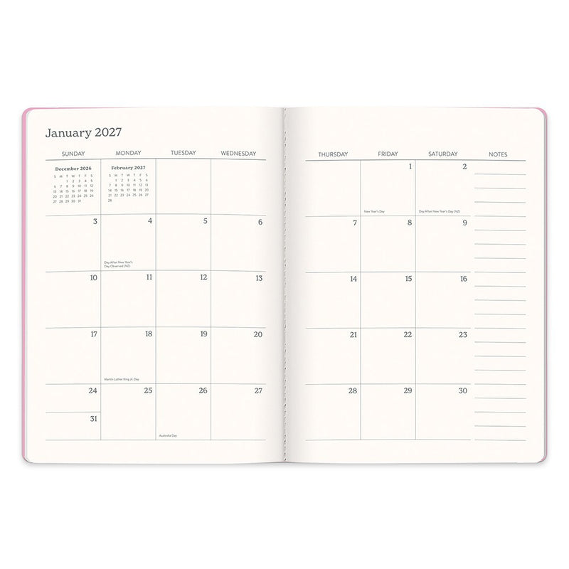 Orange Circle 2027 Casey Diary 178 x 240mm Week To View Cabana Stripes opened to show the printed week to view interior pages and the dated planning grid.