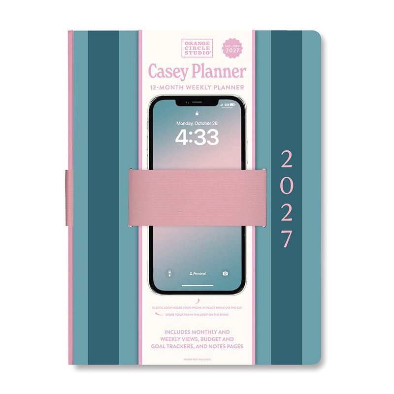 Orange Circle 2027 Casey Diary 178 x 240mm Week To View Cabana Stripes shown in its retail packaging, front of pack with the year and format printed on the label.