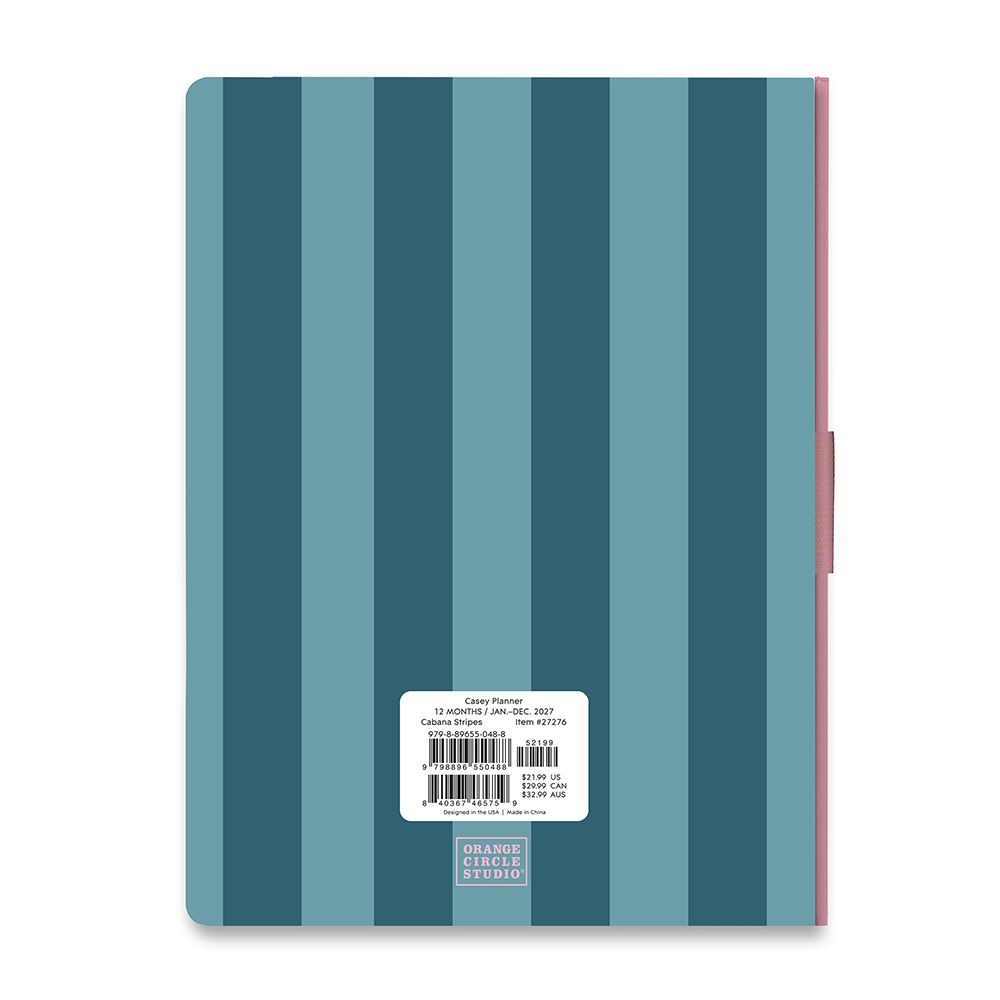 Orange Circle 2027 Casey Diary 178 x 240mm Week To View Cabana Stripes retail packaging shown from the back, with the barcode panel and product details visible.