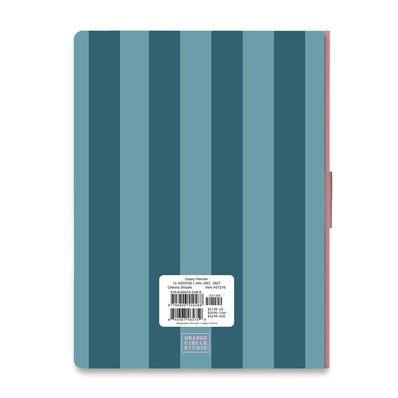 Orange Circle 2027 Casey Diary 178 x 240mm Week To View Cabana Stripes retail packaging shown from the back, with the barcode panel and product details visible.