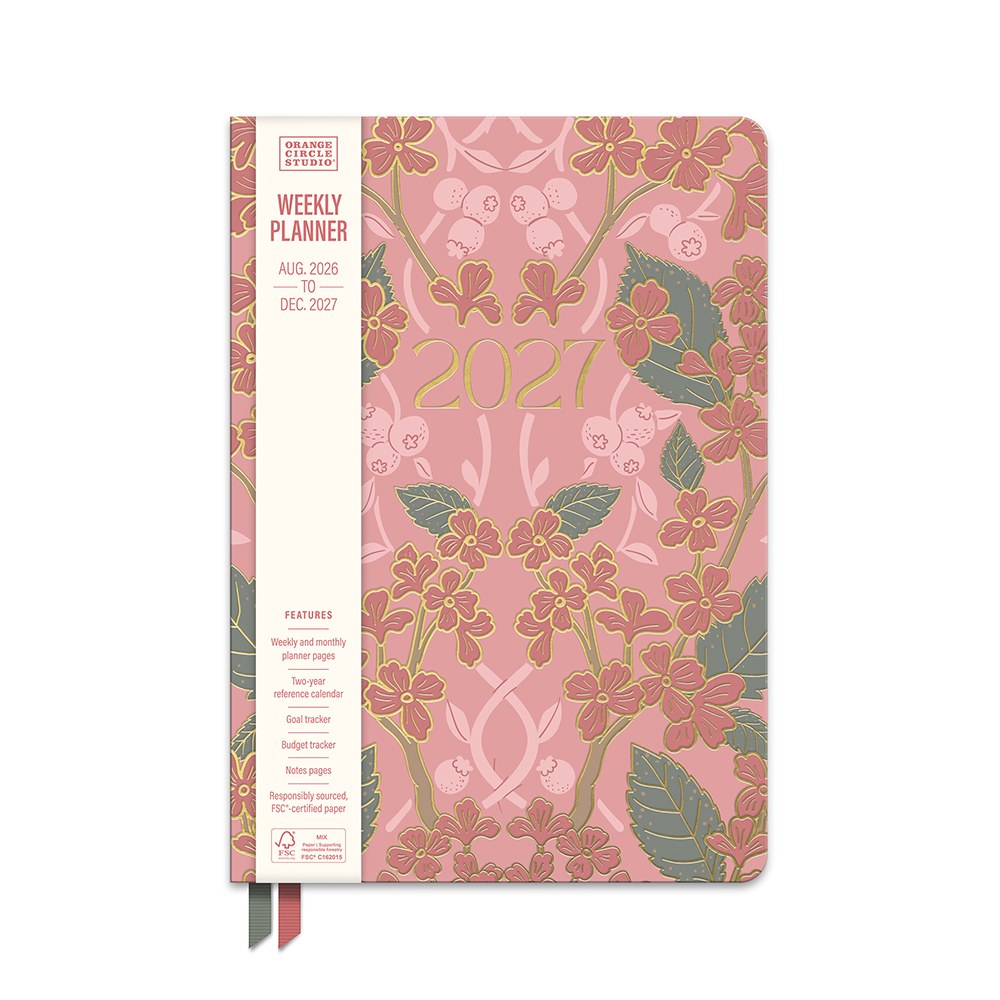 Orange Circle 2027 Clara Cloth Bound Diary 152 x 216mm Week To View Age Of Romance shown in its retail packaging, front of pack with the year and format printed on the label.