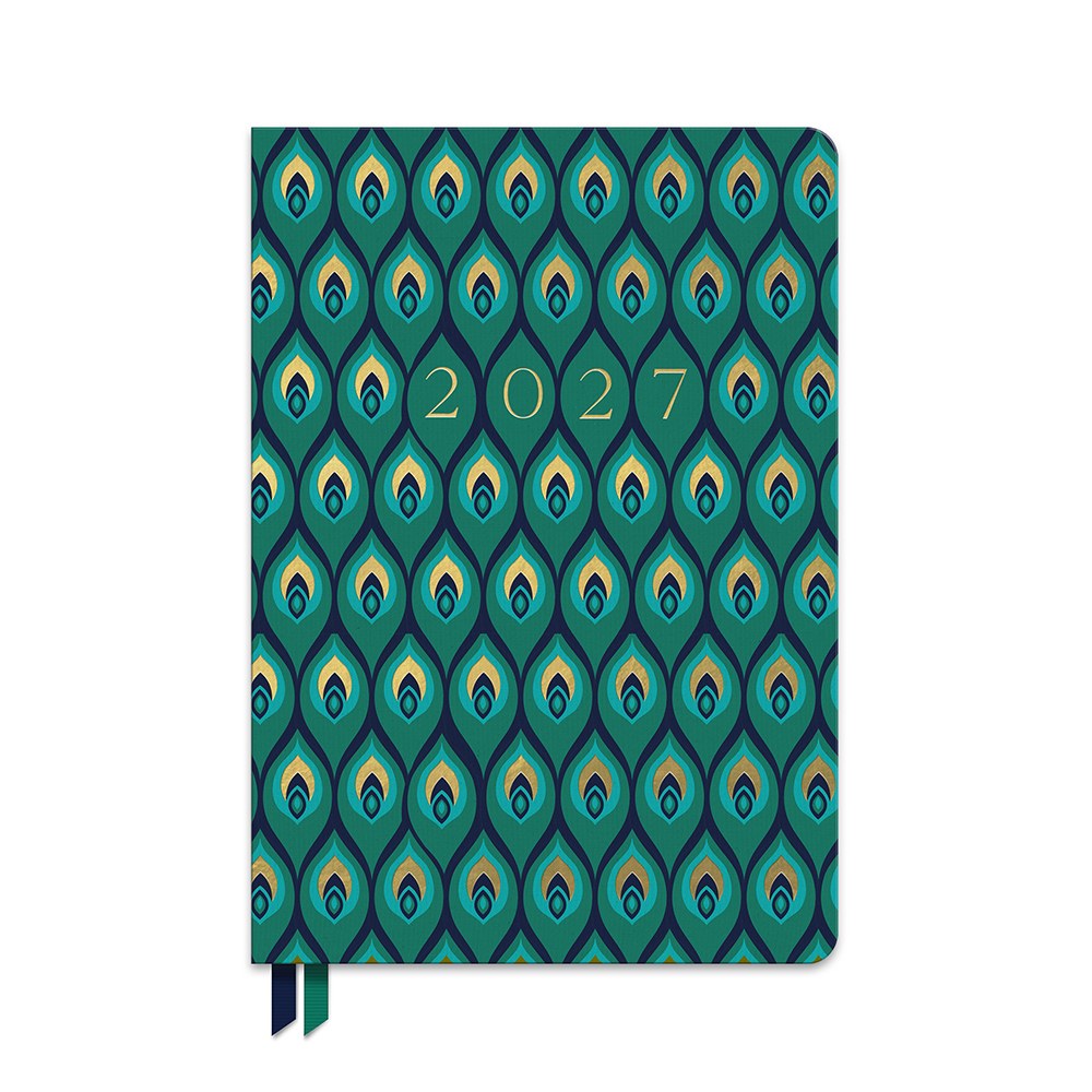 Orange Circle 2027 Clara Cloth Bound Diary 152 x 216mm Week To View Cascading Plumes shown front on, the Cascading Plumes design, a trailing feathered plume motif, closed flat against a plain background.