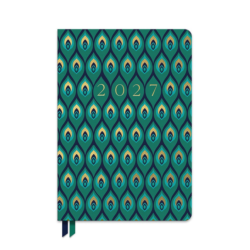 Orange Circle 2027 Clara Cloth Bound Diary 152 x 216mm Week To View Cascading Plumes shown front on, the Cascading Plumes design, a trailing feathered plume motif, closed flat against a plain background.