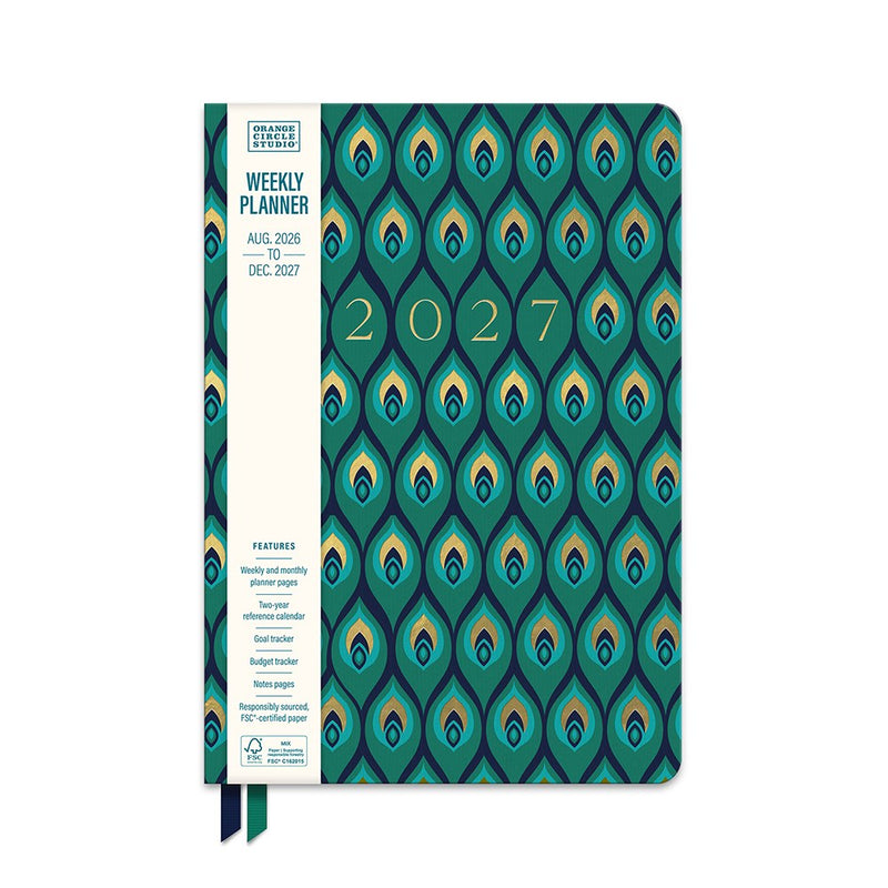 Orange Circle 2027 Clara Cloth Bound Diary 152 x 216mm Week To View Cascading Plumes shown in its retail packaging, front of pack with the year and format printed on the label.