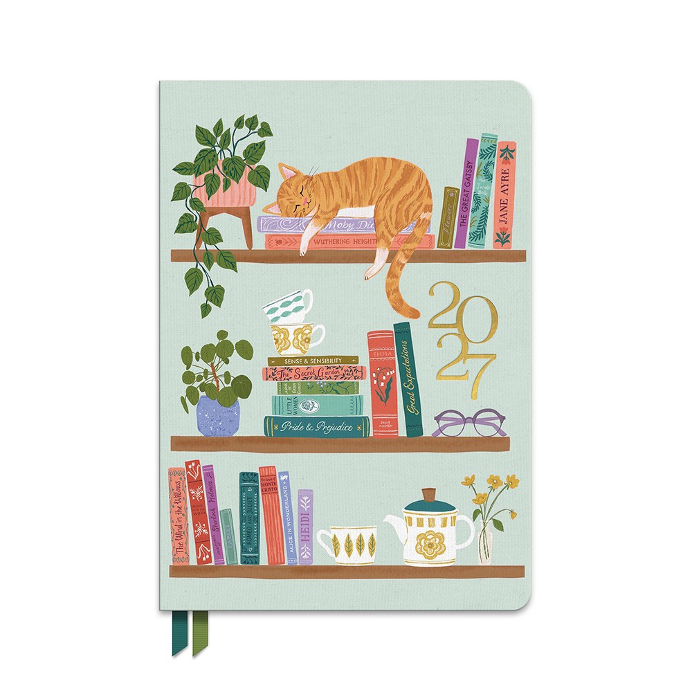 Orange Circle 2027 Clara Cloth Bound Diary 152 x 216mm Week To View Library Cat-alog shown front on, the Library Cat-alog design, an illustrated bookshelf and cat motif, closed flat against a plain background.