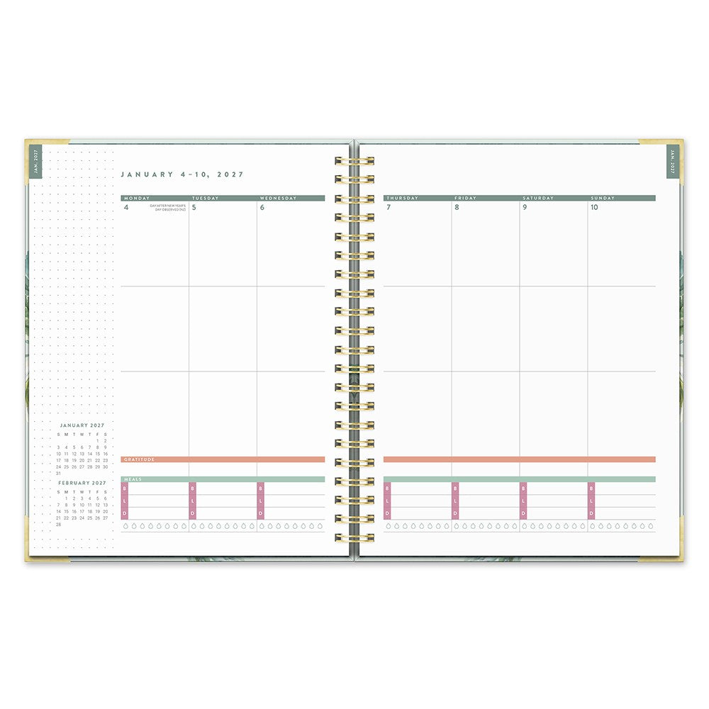 Orange Circle 2027 Deluxe Extra-Large Spiral Diary 216 x 279mm Week To View Bella Flora shown at a three quarter angle, the Bella Flora design, a painterly floral in blush, sage and cream, highlighting the cover finish and binding edge.