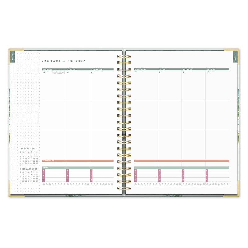 Orange Circle 2027 Deluxe Extra-Large Spiral Diary 216 x 279mm Week To View Bella Flora shown at a three quarter angle, the Bella Flora design, a painterly floral in blush, sage and cream, highlighting the cover finish and binding edge.