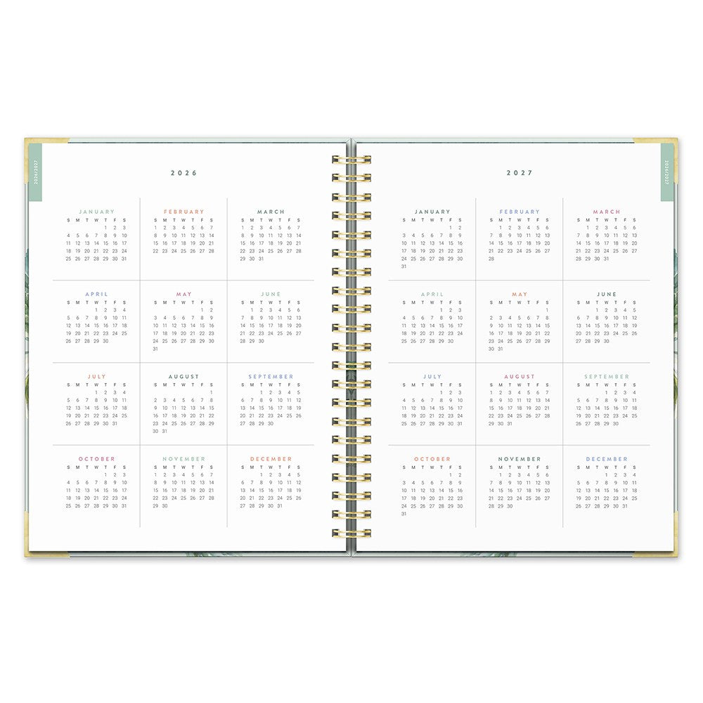 Orange Circle 2027 Deluxe Extra-Large Spiral Diary 216 x 279mm Week To View Bella Flora shown from a second angle, the Bella Flora design, a painterly floral in blush, sage and cream, with the spine and page block edge visible.