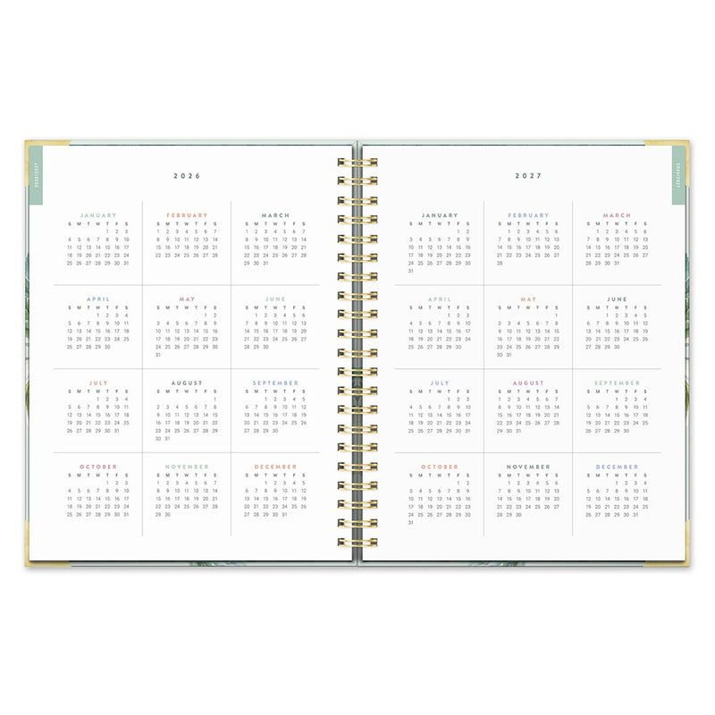 Orange Circle 2027 Deluxe Extra-Large Spiral Diary 216 x 279mm Week To View Bella Flora shown from a second angle, the Bella Flora design, a painterly floral in blush, sage and cream, with the spine and page block edge visible.