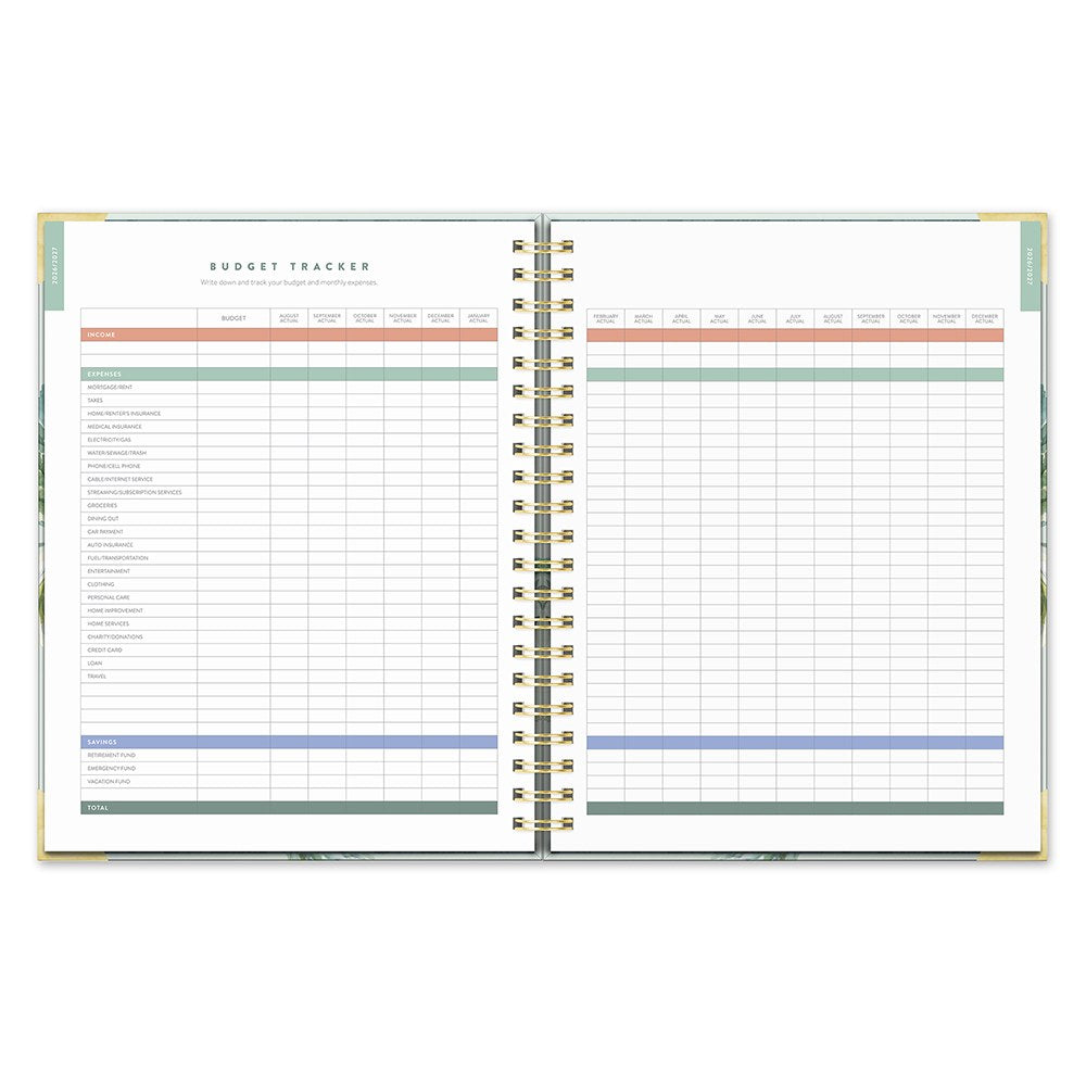 Orange Circle 2027 Deluxe Extra-Large Spiral Diary 216 x 279mm Week To View Bella Flora shown from a further angle, the Bella Flora design, a painterly floral in blush, sage and cream, showing the cover corners and closure detail.