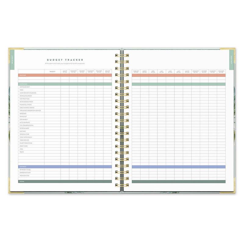 Orange Circle 2027 Deluxe Extra-Large Spiral Diary 216 x 279mm Week To View Bella Flora shown from a further angle, the Bella Flora design, a painterly floral in blush, sage and cream, showing the cover corners and closure detail.