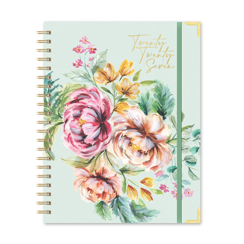 Orange Circle 2027 Deluxe Extra-Large Spiral Diary 216 x 279mm Week To View Bella Flora shown front on, the Bella Flora design, a painterly floral in blush, sage and cream, closed flat against a plain background.