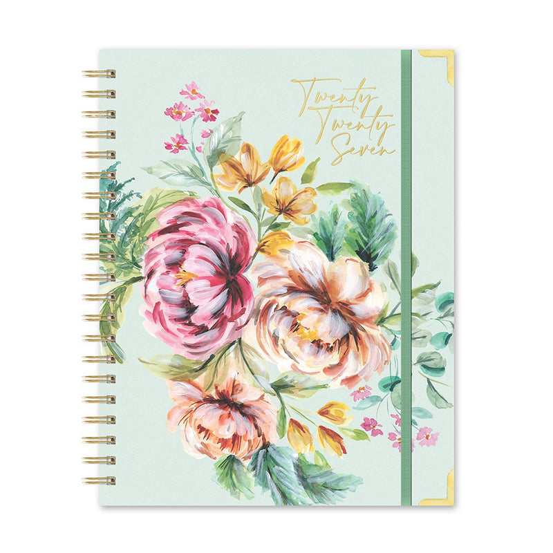 Orange Circle 2027 Deluxe Extra-Large Spiral Diary 216 x 279mm Week To View Bella Flora shown front on, the Bella Flora design, a painterly floral in blush, sage and cream, closed flat against a plain background.