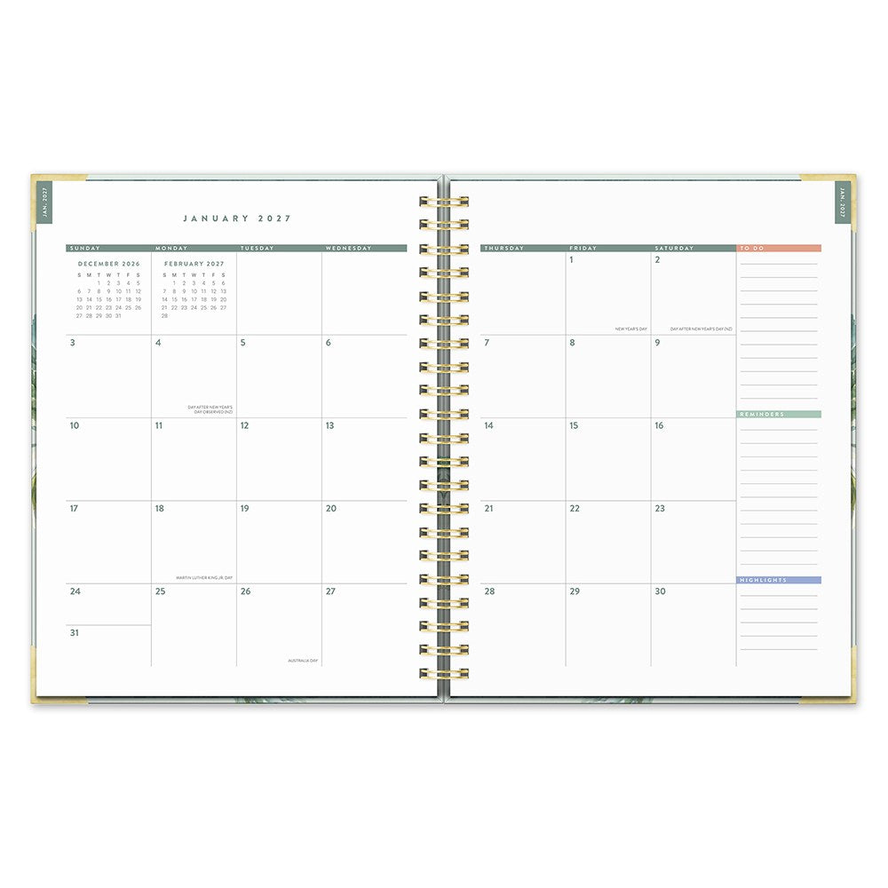 Orange Circle 2027 Deluxe Extra-Large Spiral Diary 216 x 279mm Week To View Bella Flora opened to show the printed week to view interior pages and the dated planning grid.