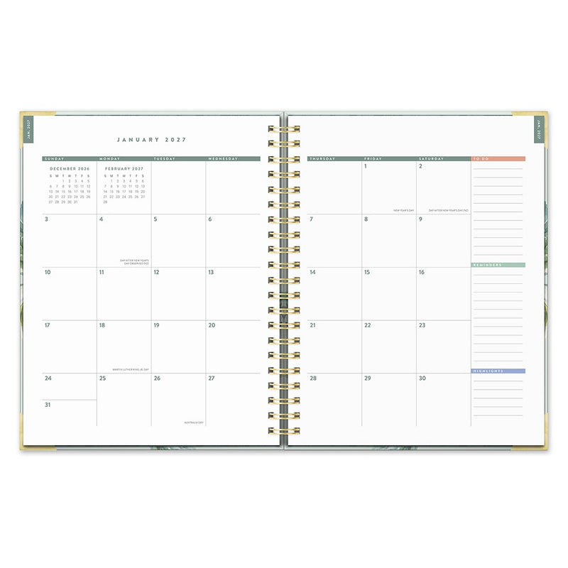 Orange Circle 2027 Deluxe Extra-Large Spiral Diary 216 x 279mm Week To View Bella Flora opened to show the printed week to view interior pages and the dated planning grid.