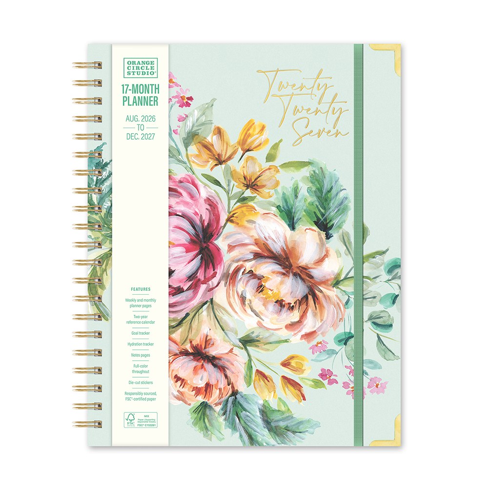Orange Circle 2027 Deluxe Extra-Large Spiral Diary 216 x 279mm Week To View Bella Flora shown in its retail packaging, front of pack with the year and format printed on the label.