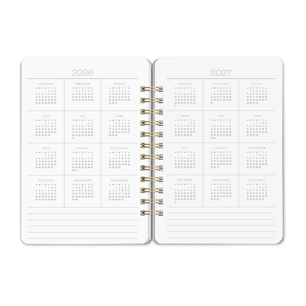 Orange Circle 2027 Do-It-All Diary 146 x 210mm Week To View Age Of Romance shown from a second angle, the Age Of Romance design, a moody vintage rose print with deep botanical tones, with the spine and page block edge visible.