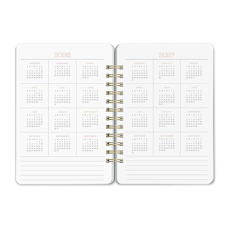 Orange Circle 2027 Do-It-All Diary 146 x 210mm Week To View Age Of Romance shown from a second angle, the Age Of Romance design, a moody vintage rose print with deep botanical tones, with the spine and page block edge visible.
