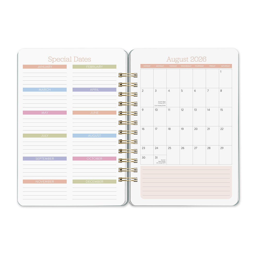 Orange Circle 2027 Do-It-All Diary 146 x 210mm Week To View Age Of Romance opened to show the printed week to view interior pages and the dated planning grid.