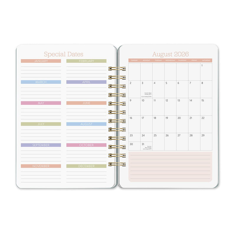Orange Circle 2027 Do-It-All Diary 146 x 210mm Week To View Age Of Romance opened to show the printed week to view interior pages and the dated planning grid.