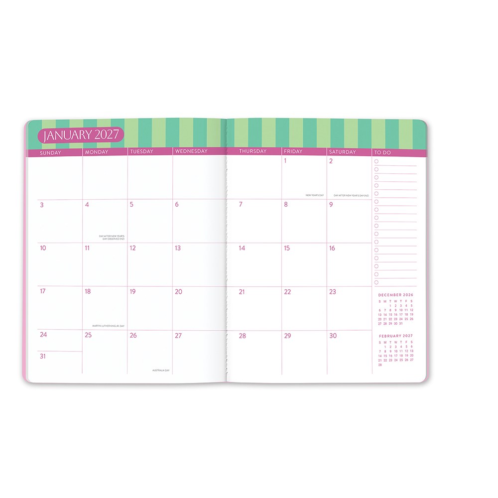 Orange Circle 2027 Just Right Diary 191 x 248mm Month To View Cabana Stripes opened to show the printed month to view interior pages and the dated planning grid.