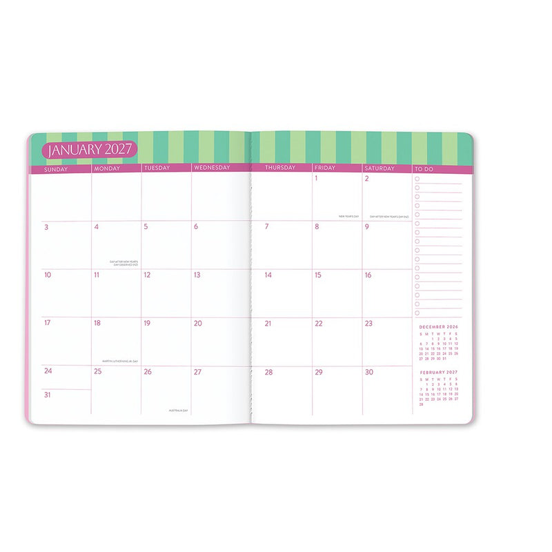 Orange Circle 2027 Just Right Diary 191 x 248mm Month To View Cabana Stripes opened to show the printed month to view interior pages and the dated planning grid.