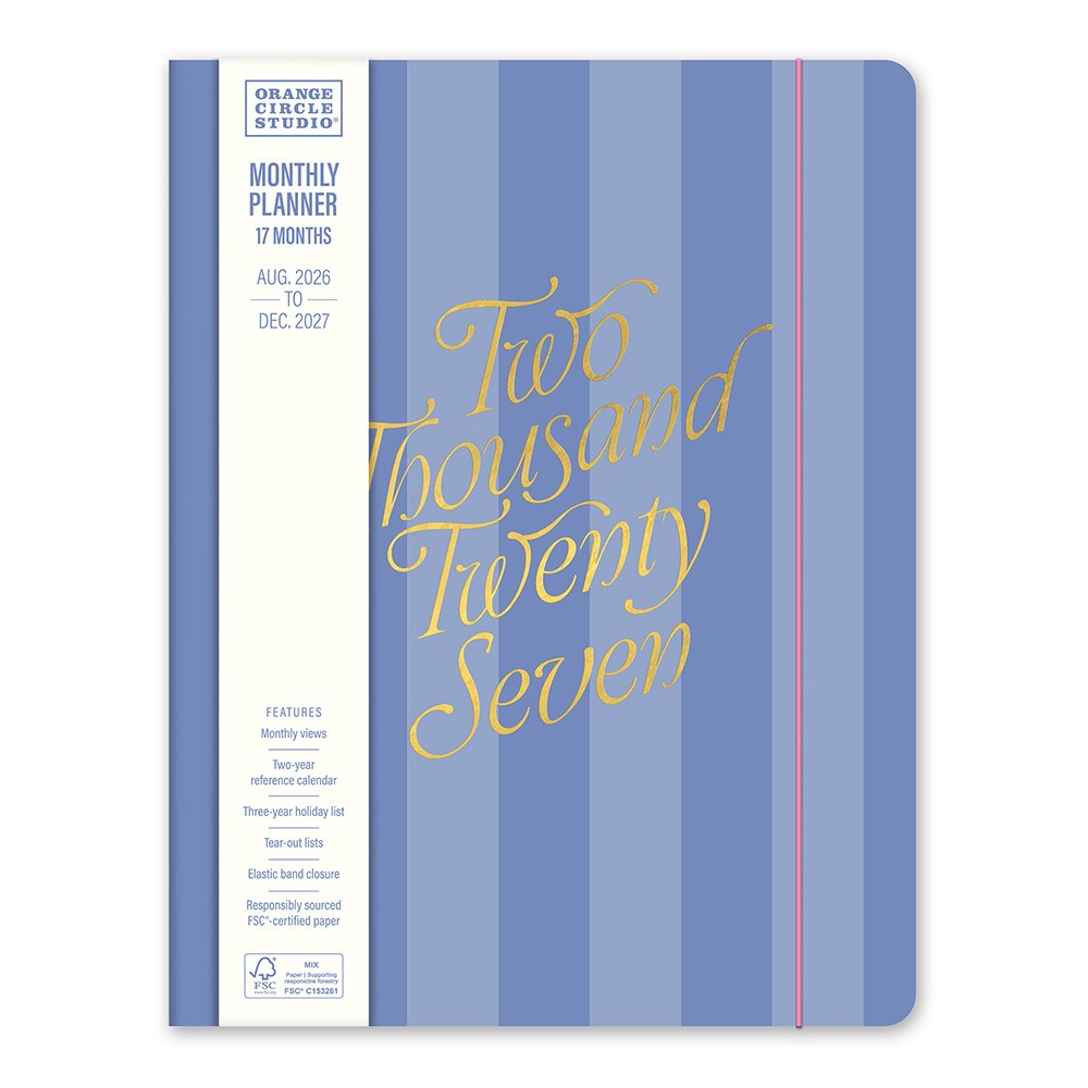 Orange Circle 2027 Just Right Diary 191 x 248mm Month To View Cabana Stripes shown in its retail packaging, front of pack with the year and format printed on the label.