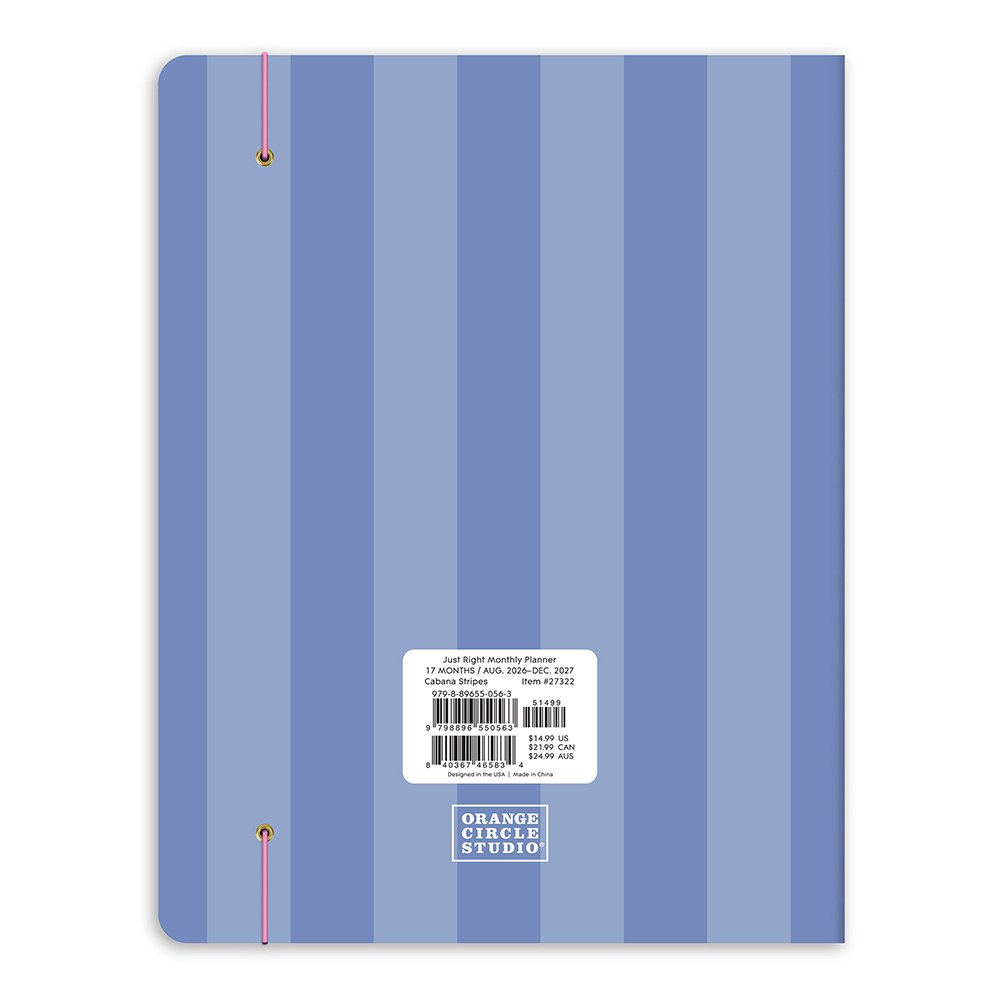 Orange Circle 2027 Just Right Diary 191 x 248mm Month To View Cabana Stripes retail packaging shown from the back, with the barcode panel and product details visible.