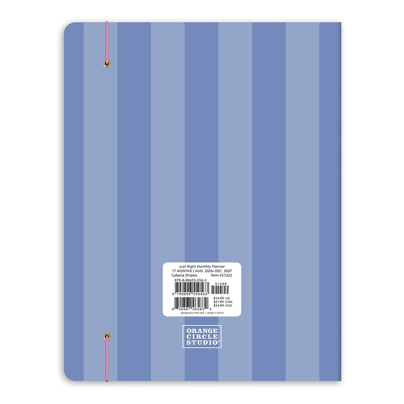 Orange Circle 2027 Just Right Diary 191 x 248mm Month To View Cabana Stripes retail packaging shown from the back, with the barcode panel and product details visible.