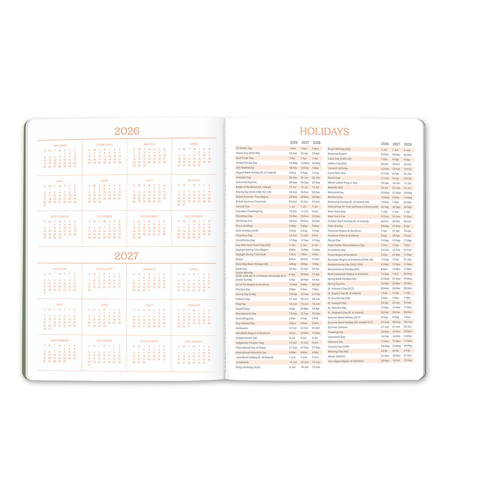 Orange Circle 2027 Just Right Diary 191 x 248mm Month To View Fruit And Flora shown at a three quarter angle, the Fruit And Flora design, a bright botanical mix of fruit and flowers, highlighting the cover finish and binding edge.