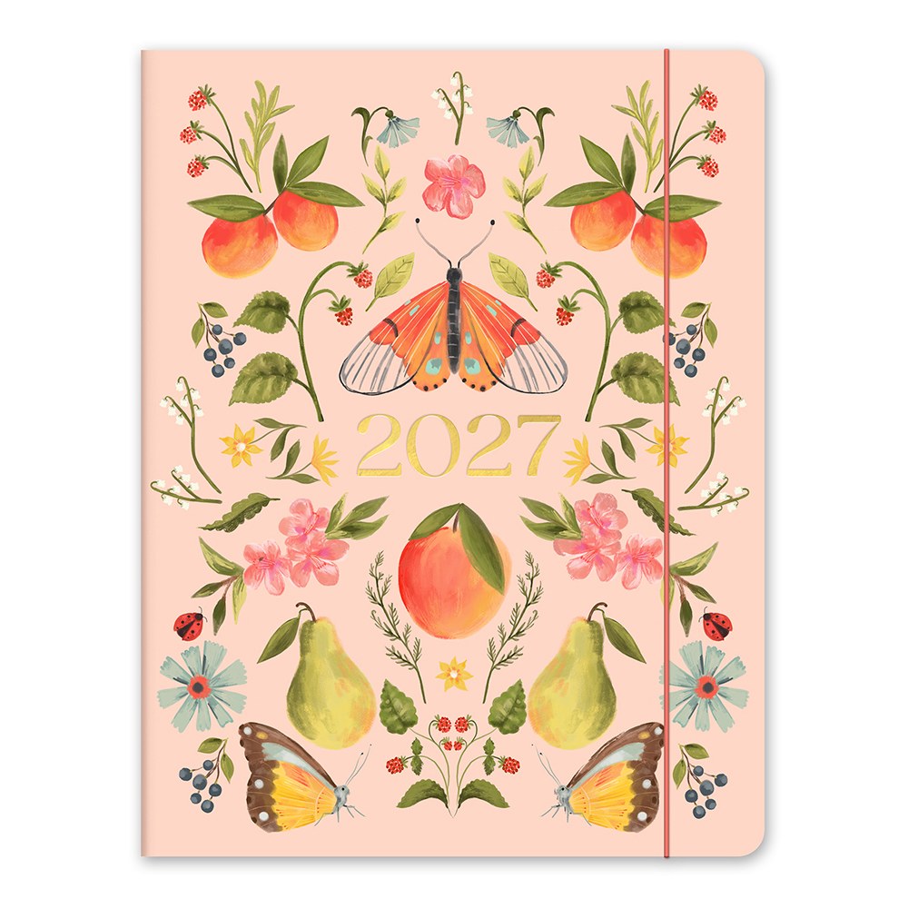 Orange Circle 2027 Just Right Diary 191 x 248mm Month To View Fruit And Flora shown front on, the Fruit And Flora design, a bright botanical mix of fruit and flowers, closed flat against a plain background.