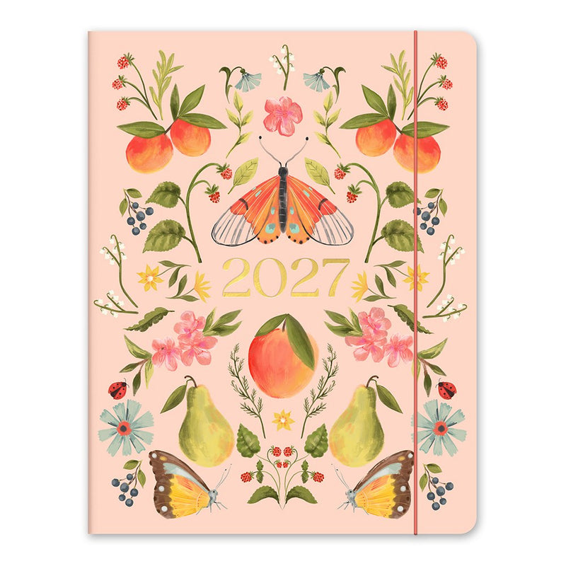 Orange Circle 2027 Just Right Diary 191 x 248mm Month To View Fruit And Flora shown front on, the Fruit And Flora design, a bright botanical mix of fruit and flowers, closed flat against a plain background.