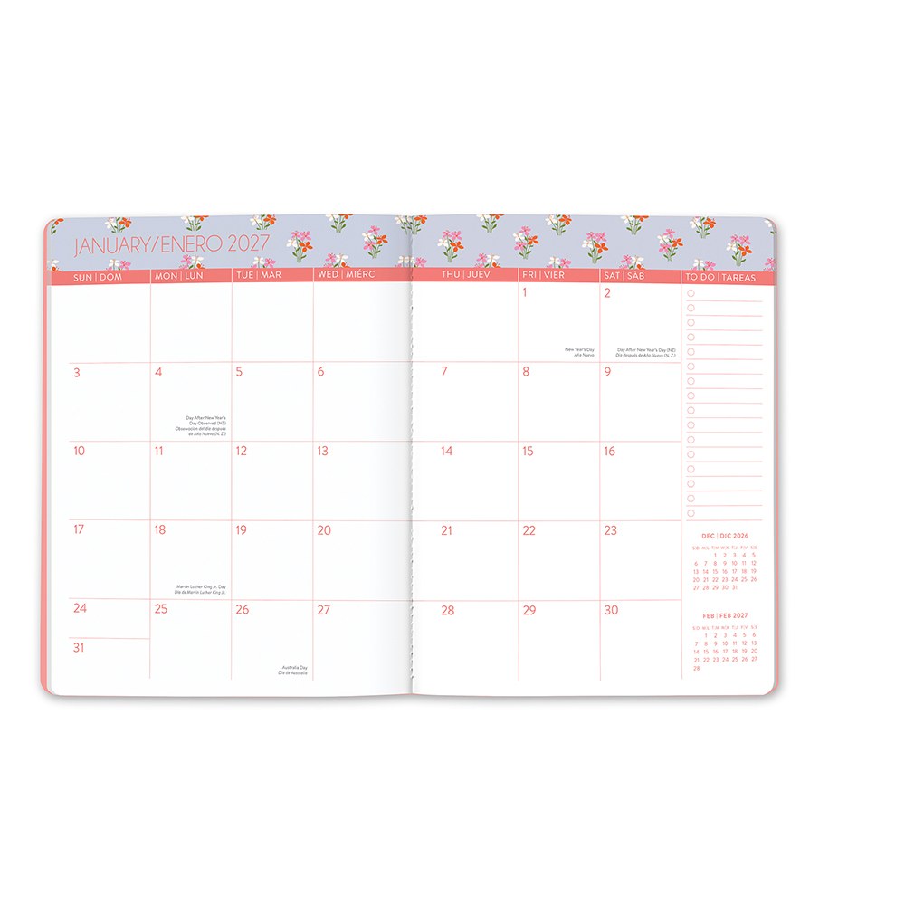 Orange Circle 2027 Just Right Diary 191 x 248mm Month To View Secret Garden opened to show the printed month to view interior pages and the dated planning grid.