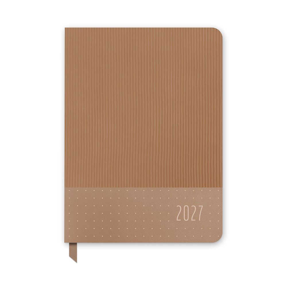 Orange Circle 2027 Medium Dual-Textured Diary 142 x 193mm Week To View Dots On Chai shown front on, the Dots On Chai design, a fine dot on a warm chai neutral, closed flat against a plain background.