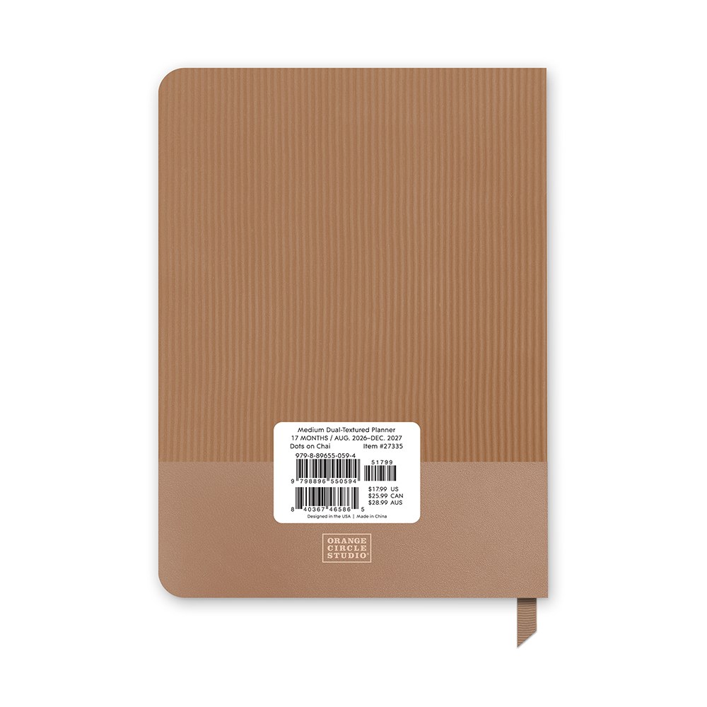 Orange Circle 2027 Medium Dual-Textured Diary 142 x 193mm Week To View Dots On Chai retail packaging shown from the back, with the barcode panel and product details visible.