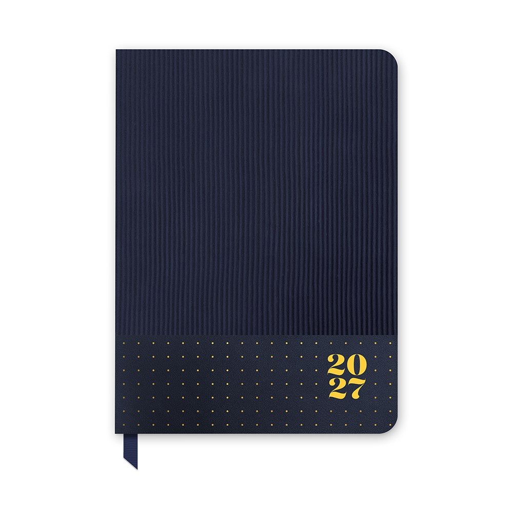 Orange Circle 2027 Medium Dual-Textured Diary 142 x 193mm Week To View Dots On Navy shown front on, the Dots On Navy design, a fine cream dot scattered across deep navy, closed flat against a plain background.