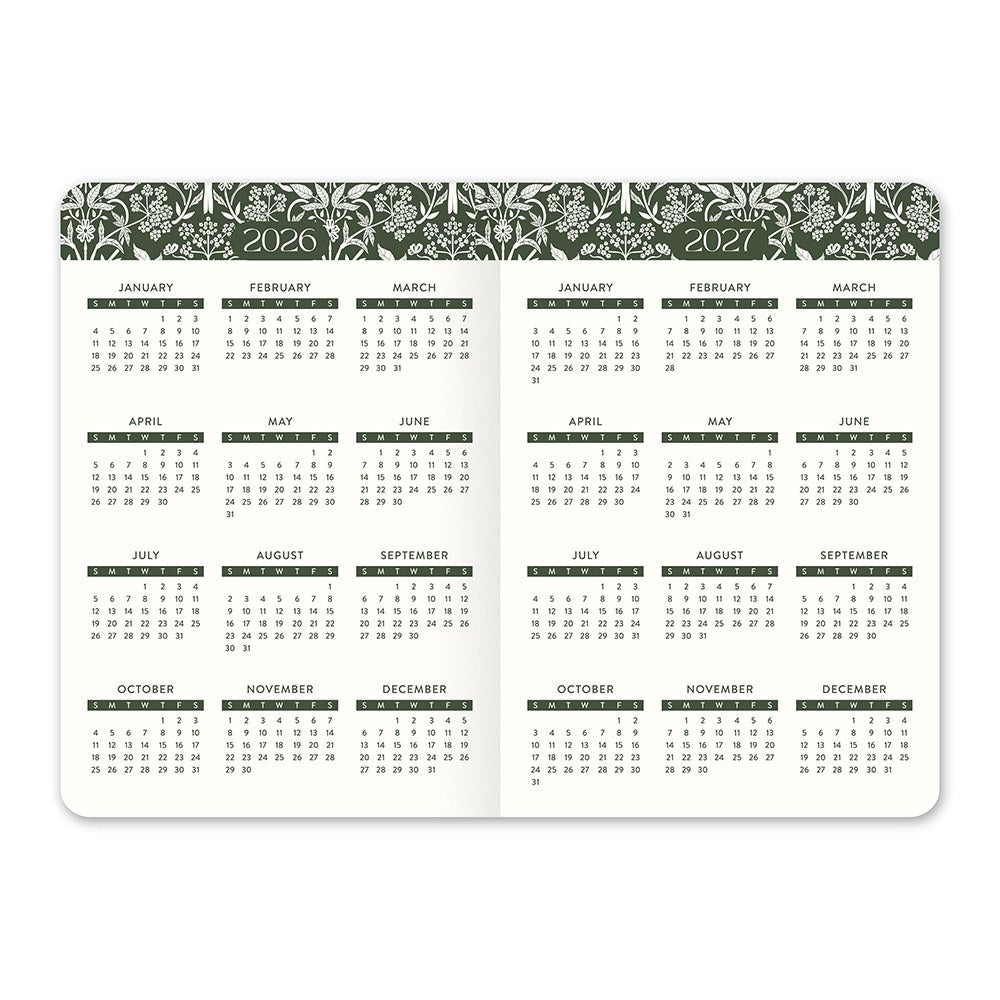 Orange Circle 2027 Monthly Pocket Diary 114 x 165mm Month To View Age Of Romance shown from a second angle, the Age Of Romance design, a moody vintage rose print with deep botanical tones, with the spine and page block edge visible.