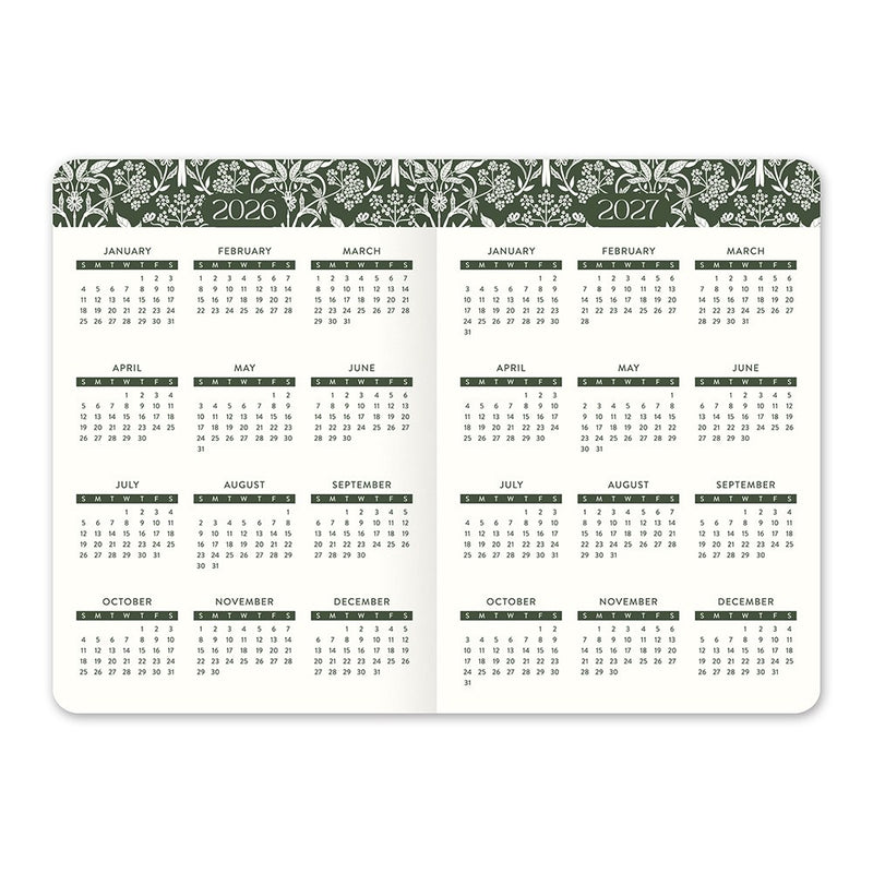 Orange Circle 2027 Monthly Pocket Diary 114 x 165mm Month To View Age Of Romance shown from a second angle, the Age Of Romance design, a moody vintage rose print with deep botanical tones, with the spine and page block edge visible.