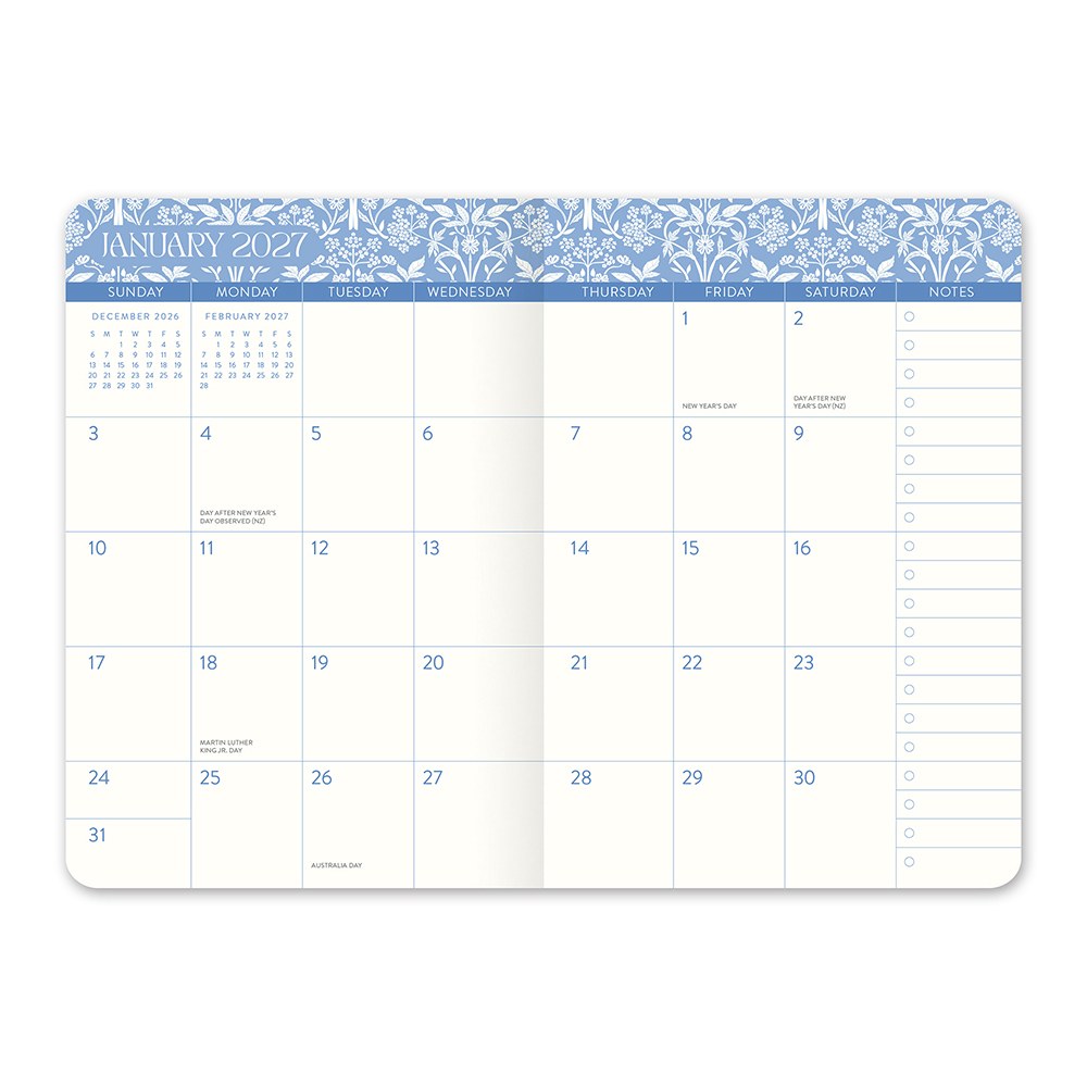 Orange Circle 2027 Monthly Pocket Diary 114 x 165mm Month To View Age Of Romance opened to show the printed month to view interior pages and the dated planning grid.