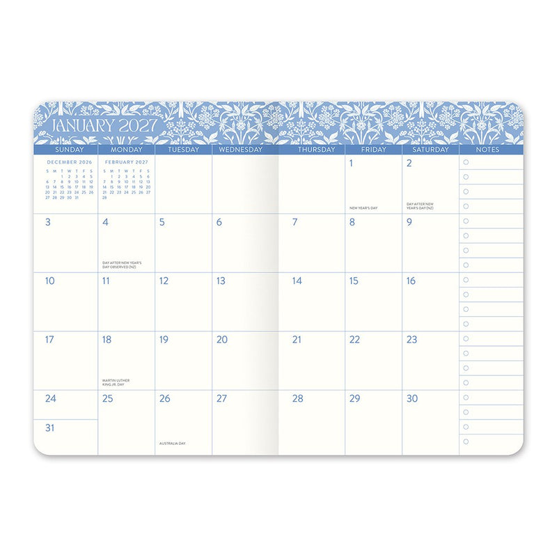 Orange Circle 2027 Monthly Pocket Diary 114 x 165mm Month To View Age Of Romance opened to show the printed month to view interior pages and the dated planning grid.