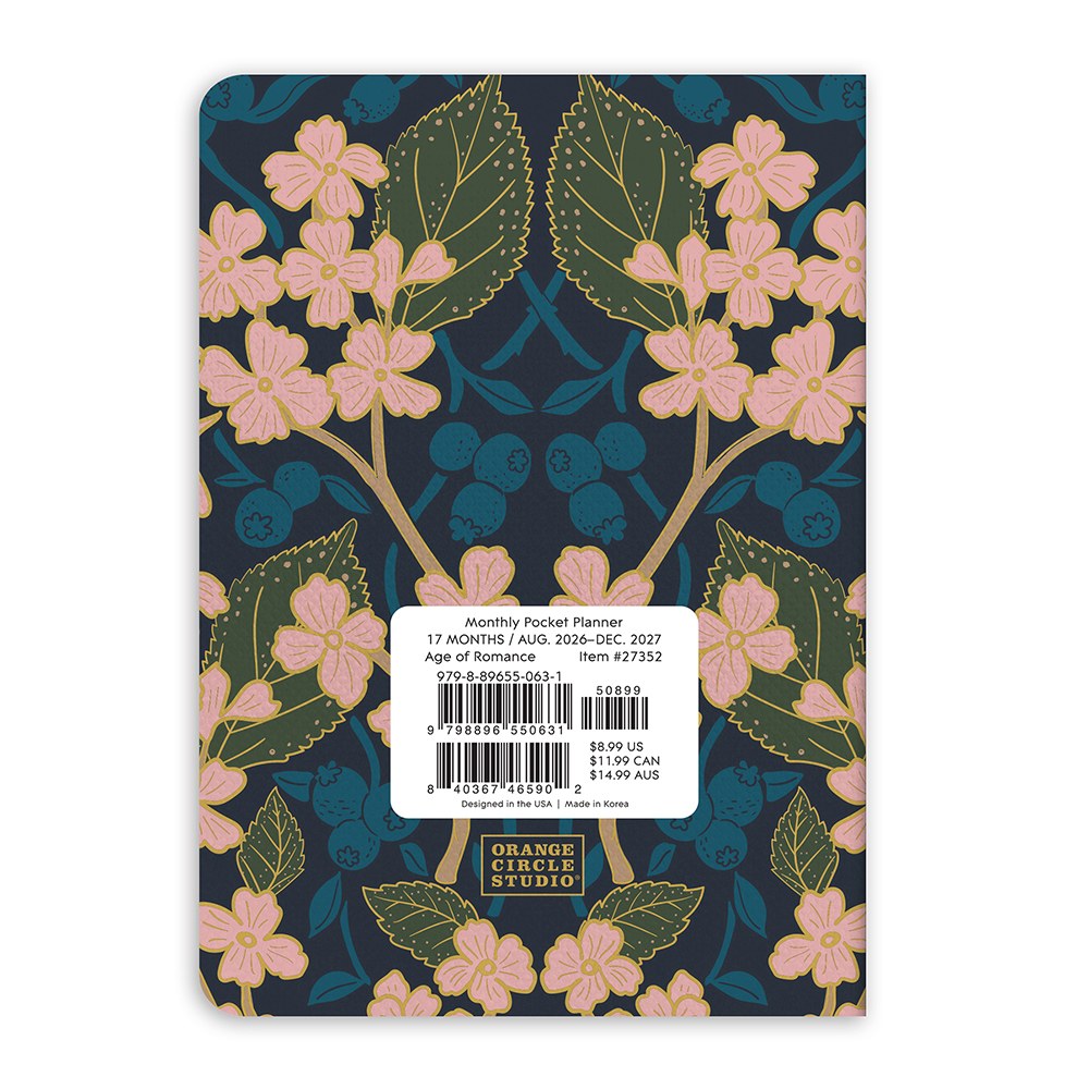 Orange Circle 2027 Monthly Pocket Diary 114 x 165mm Month To View Age Of Romance retail packaging shown from the back, with the barcode panel and product details visible.