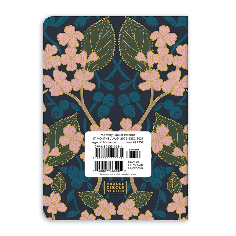 Orange Circle 2027 Monthly Pocket Diary 114 x 165mm Month To View Age Of Romance retail packaging shown from the back, with the barcode panel and product details visible.