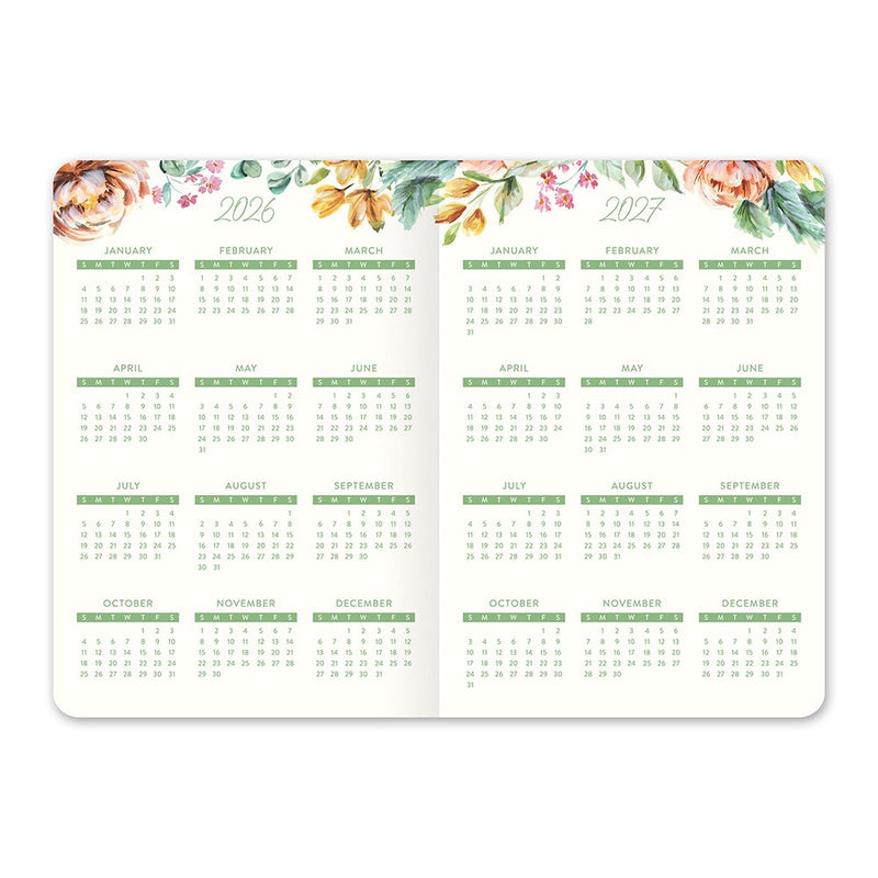 Orange Circle 2027 Monthly Pocket Diary 114 x 165mm Month To View Bella Flora shown from a second angle, the Bella Flora design, a painterly floral in blush, sage and cream, with the spine and page block edge visible.