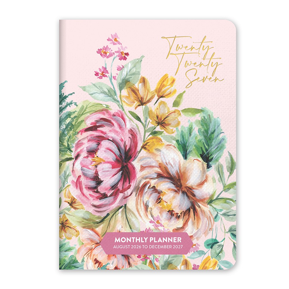 Orange Circle 2027 Monthly Pocket Diary 114 x 165mm Month To View Bella Flora shown front on, the Bella Flora design, a painterly floral in blush, sage and cream, closed flat against a plain background.