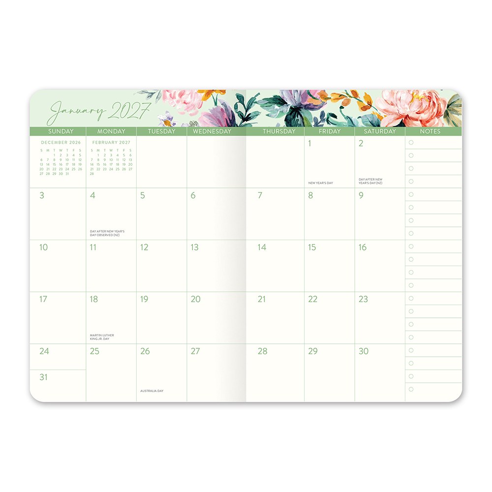Orange Circle 2027 Monthly Pocket Diary 114 x 165mm Month To View Bella Flora opened to show the printed month to view interior pages and the dated planning grid.
